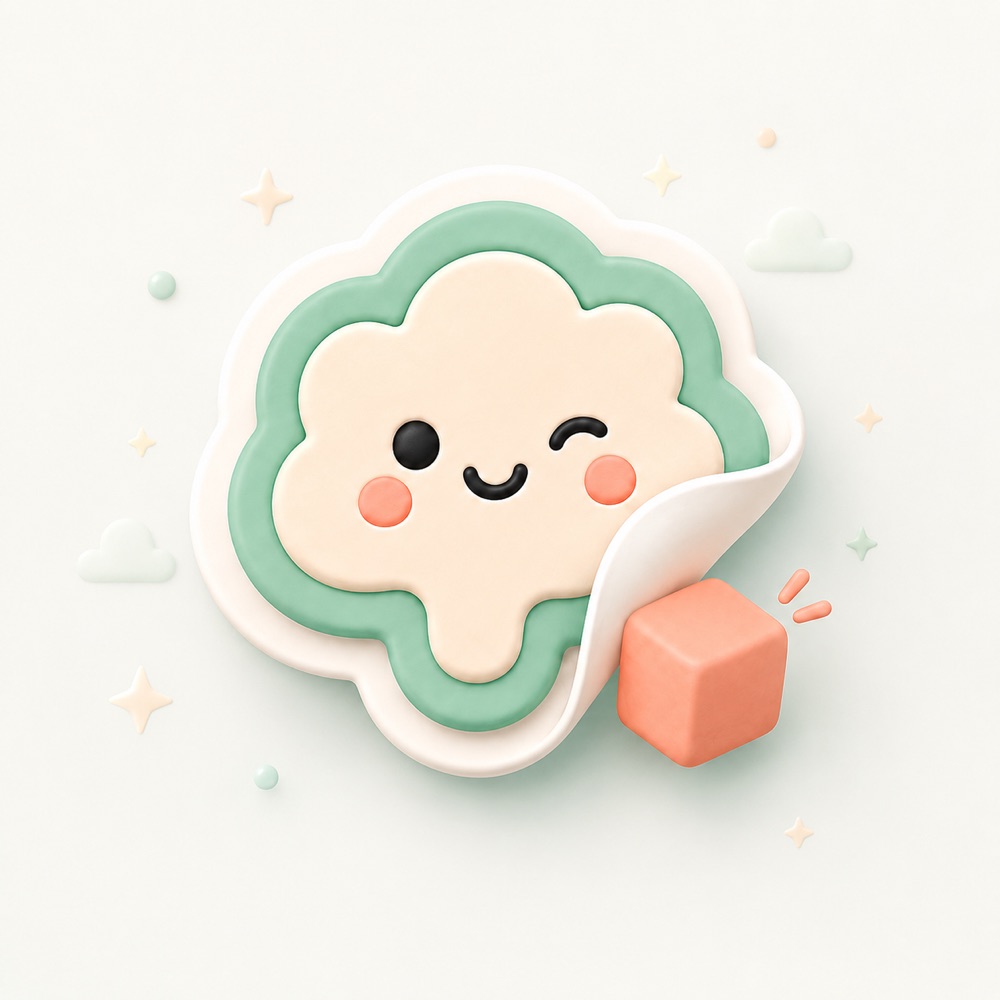 The Memora 3D mascot: a winking cloud sticker peeling at one corner, revealing a peach 3D cube.
