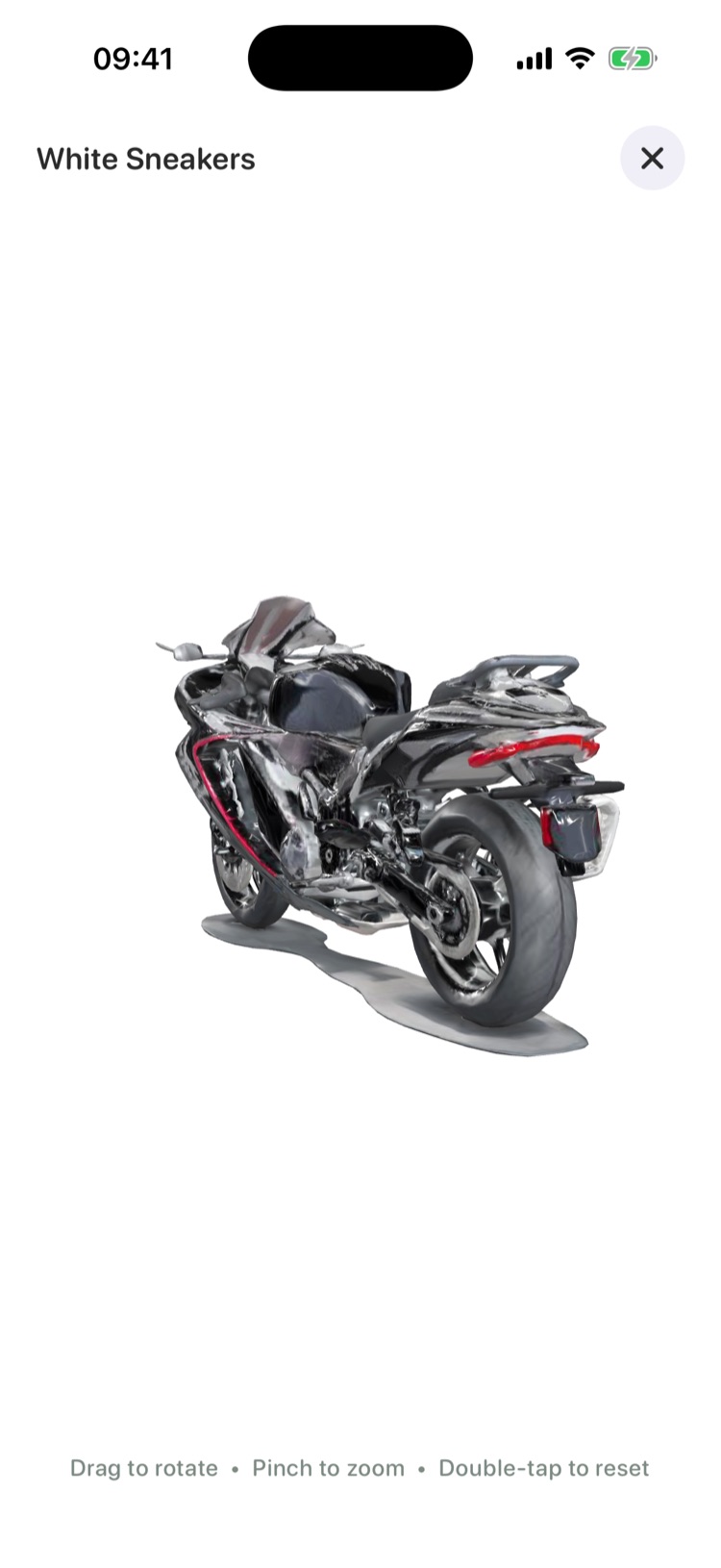 The full-screen 3D viewer showing a generated motorbike model.